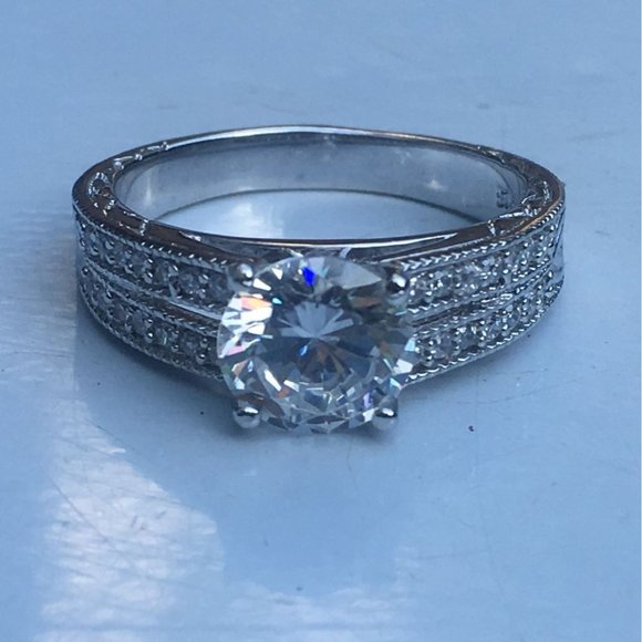 Sterling Silver Ring, Solitaire With Accents, Cubic Zirconia, Engagement, Size 9 - Picture 6 of 10